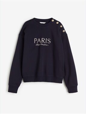 H&M Navy Crewneck Sweater with 'PARIS' Embroidery and Shoulder Buttons